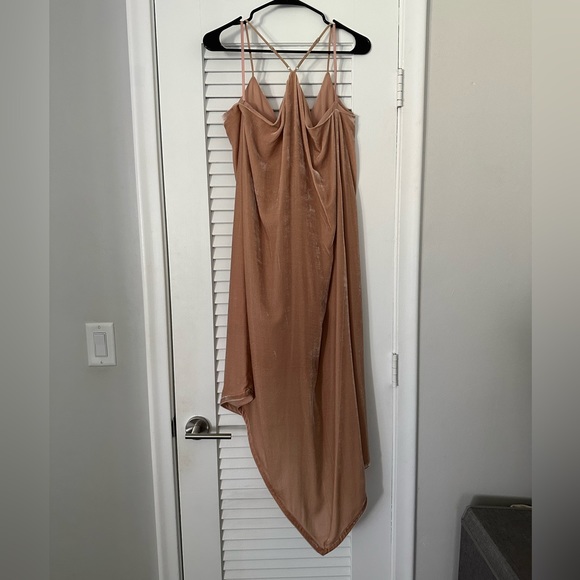 BCBGMaxAzria Asymmetrical Tan Midi/Maxi Dress Size Small. - Picture 3 of 4